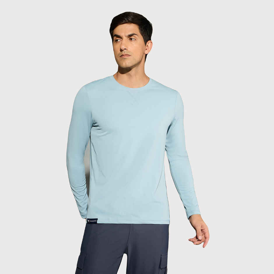 Technosport Men's Poly Solid Slim Fit Round Neck Full Sleeve Sports T-shirt | Smoke Blue - M