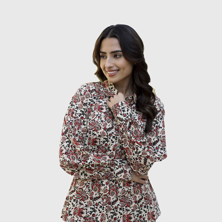 Sanskrutihomes Floral Printed Shirt Collar Pure Cotton Night Suit | Black - Red - White | S