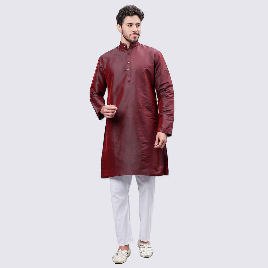 Mad Over Print Men's Silk Blended Kurta | Maroon - S