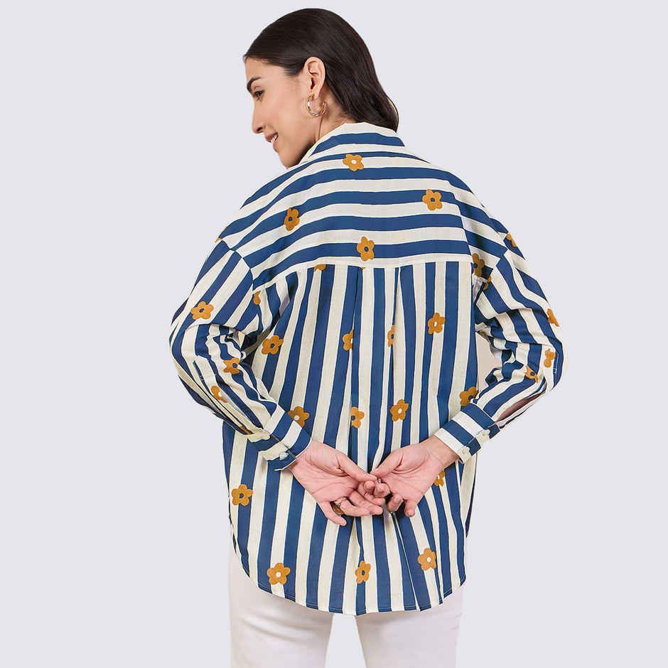 Uptownie Women's Printed Asymmetrical Cotton Shirt | Navy Blue - XL