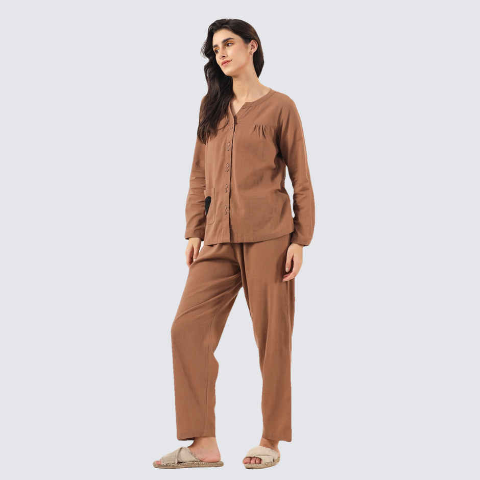 Sanskrutihomes Mandarin Collar Pure Cotton Night Suit | Brown - L