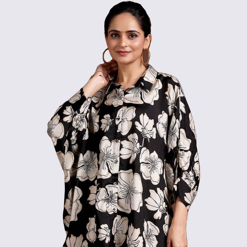 Libas Women's Printed Silk Blend Co-Ords Set | Black - M