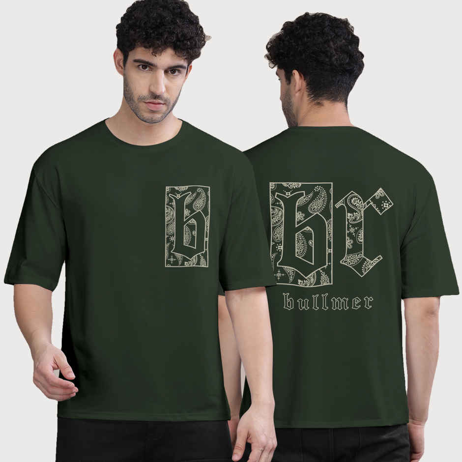 Bullmer Men's Oversized T-shirt Front and Back Printed, Colourblock Baggy | Olive | L