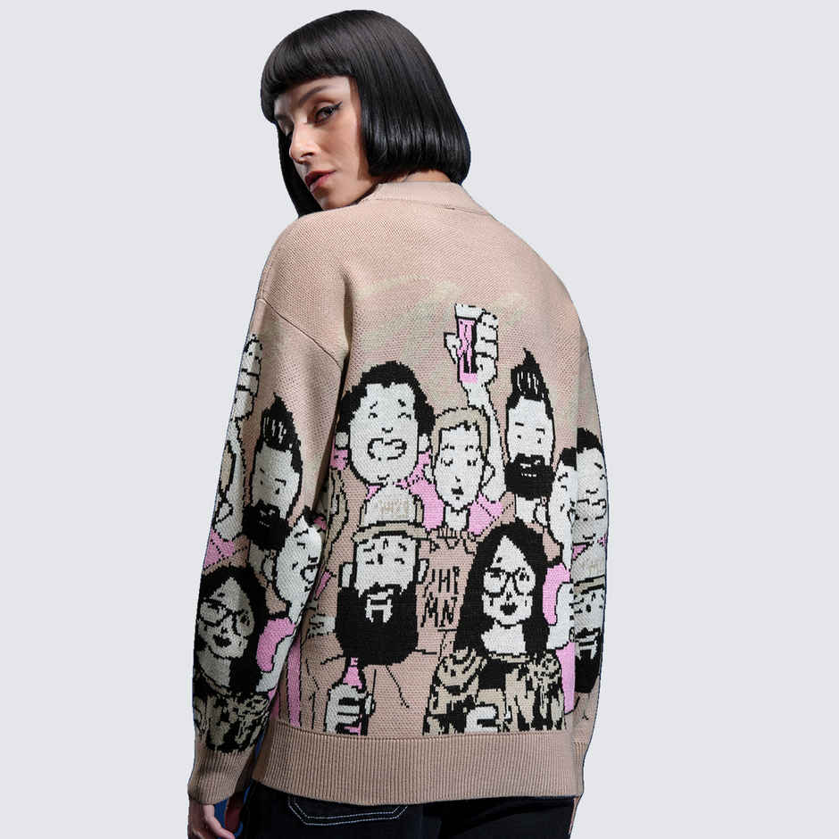 Tokyo Talkies Women's Round Neck Jacquard Printed Sweater | Warm Taupe - S