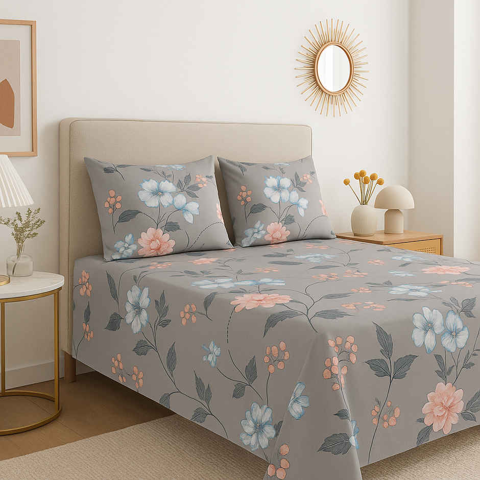 Elegant Weavers Sofia Double Cotton Floral Bedsheet | With 2 Pillow Covers | Grey | 85 x 91 in