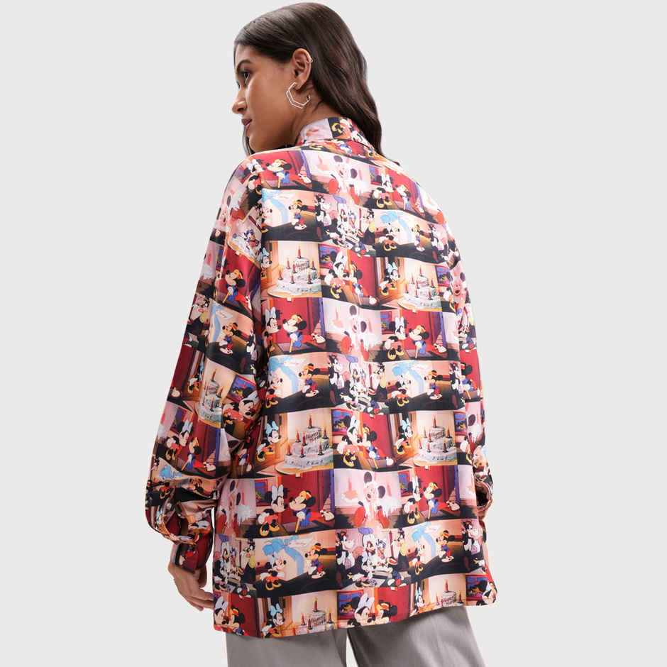 Tokyo Talkies Women's Mickey And Friends Aop Oversized Fit Shirt | Brown Multi - M