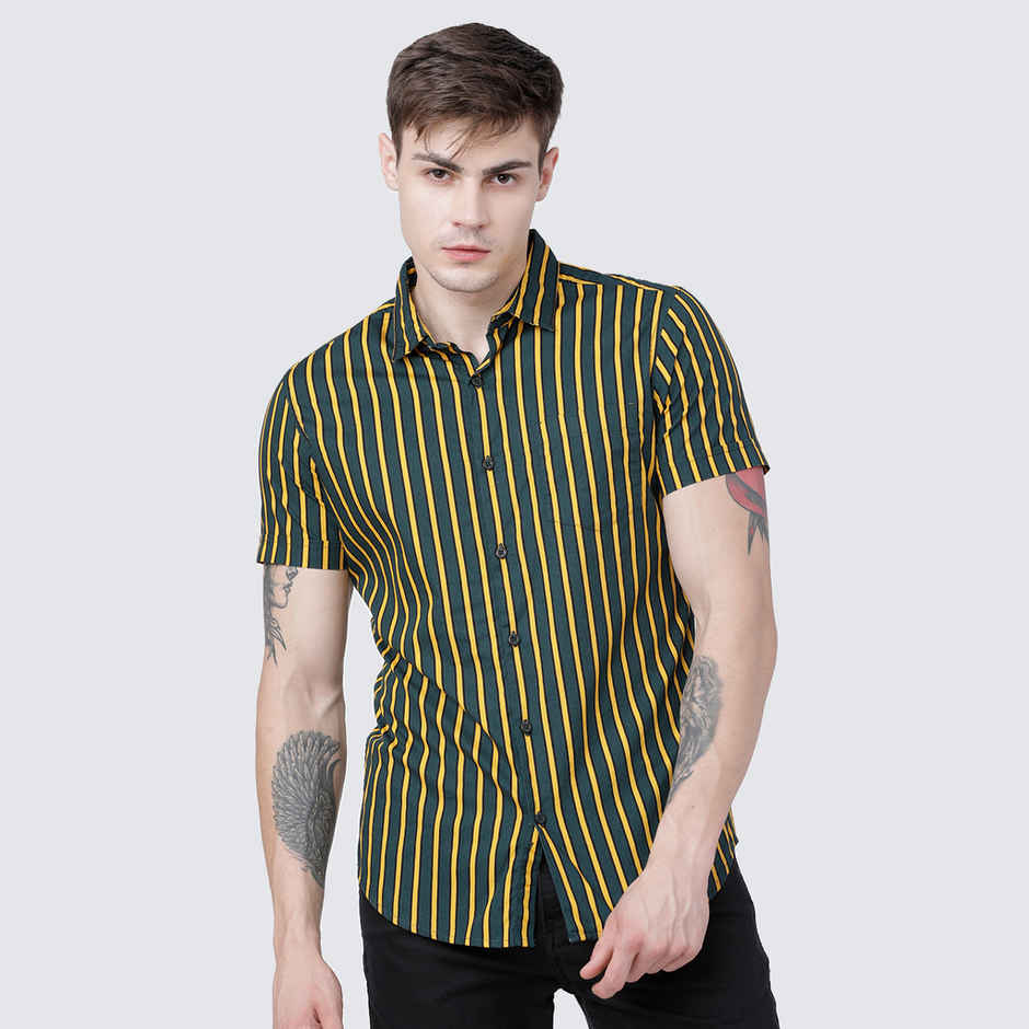 Highlander Men's Vertical Stripes Resort Wear Shirt | Mustard - L