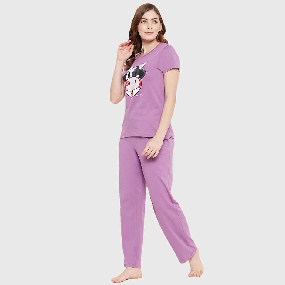 Clovia Cow Emoji Print Top & Solid Pyjama Set - 100% Cotton(Purple - S)