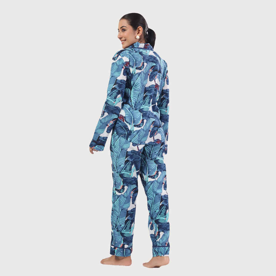 Sanskrutihomes Women Tropical Printed Pure Cotton Blue Night Suit SE-NSP-565 | L