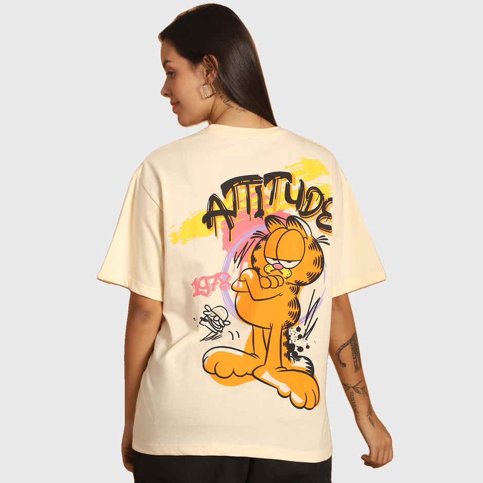 Fabflee Women Oversize Cotton Printed Round Neck Tshirt | Beige | FAB-OS-515 | M