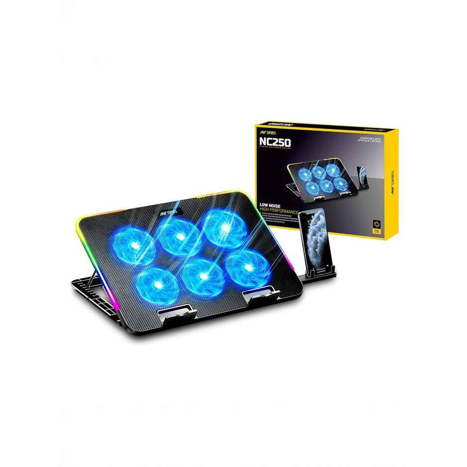 Ant Esports Esports NC250 RGB Laptop Cooling Pad, Laptop Cooler with Mobile Holder 6 Quite Fans Fan Speed Controller 7 Height Adjustable Angle 2USB Ports Compatible for Laptop up to 15.6" - Black