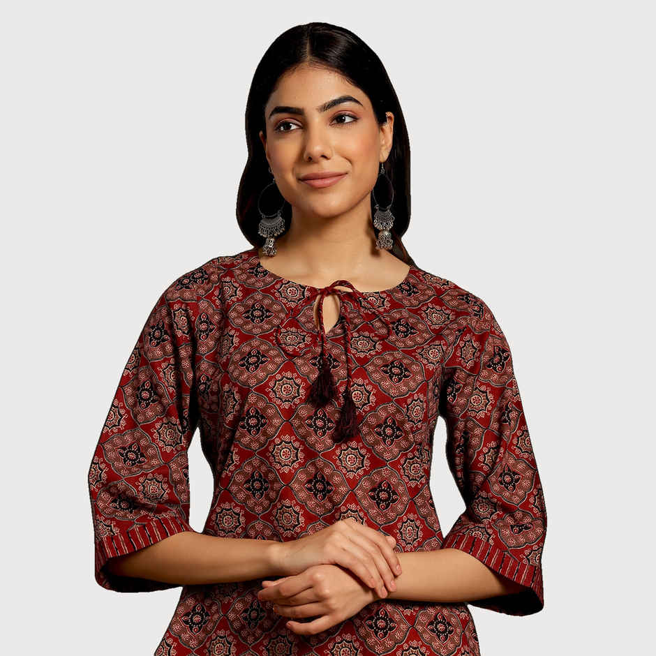 Libas Women Ethnic Motif Maroon Kurti With Flared Sleeves - 26844S