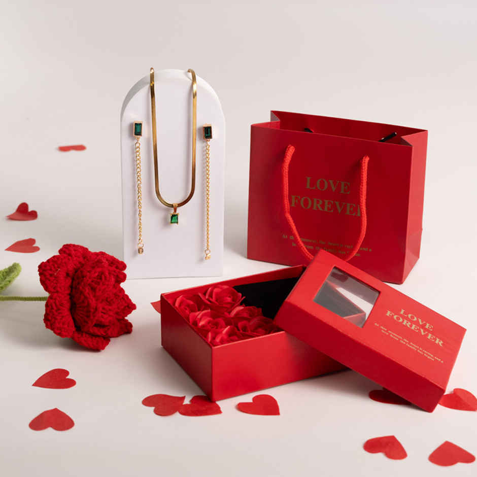 Just Lil Things Women's Day Luxe Red Rose with Green Elegant Earring & Necklace Set