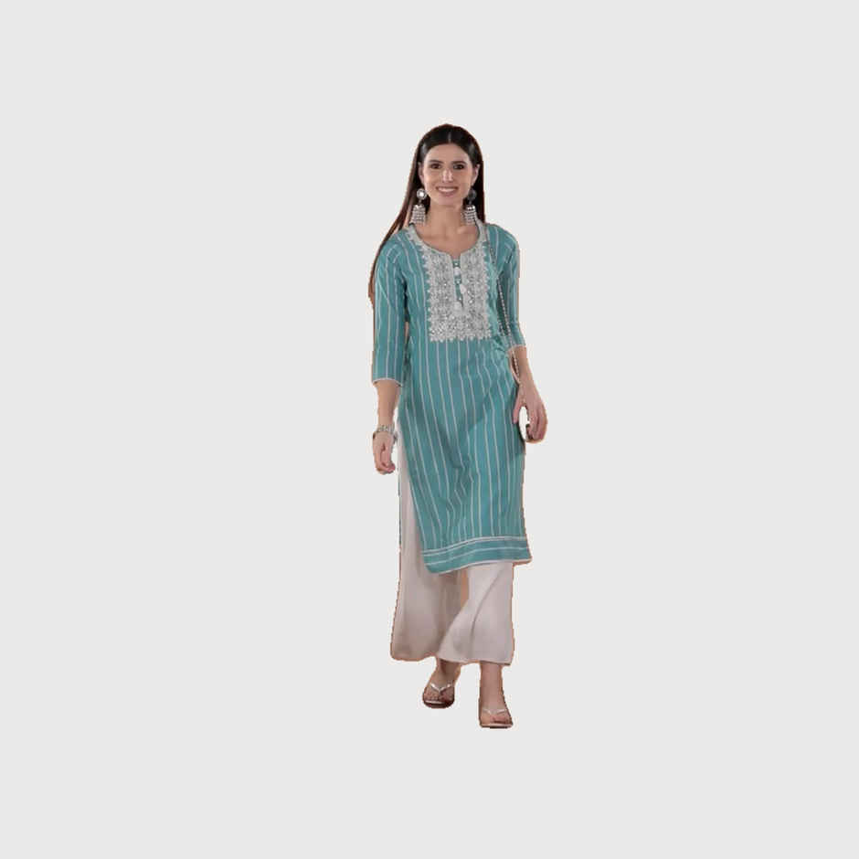 Libas Women Blue Cotton Embroidered Yoke Straight Kurta - 23637Om