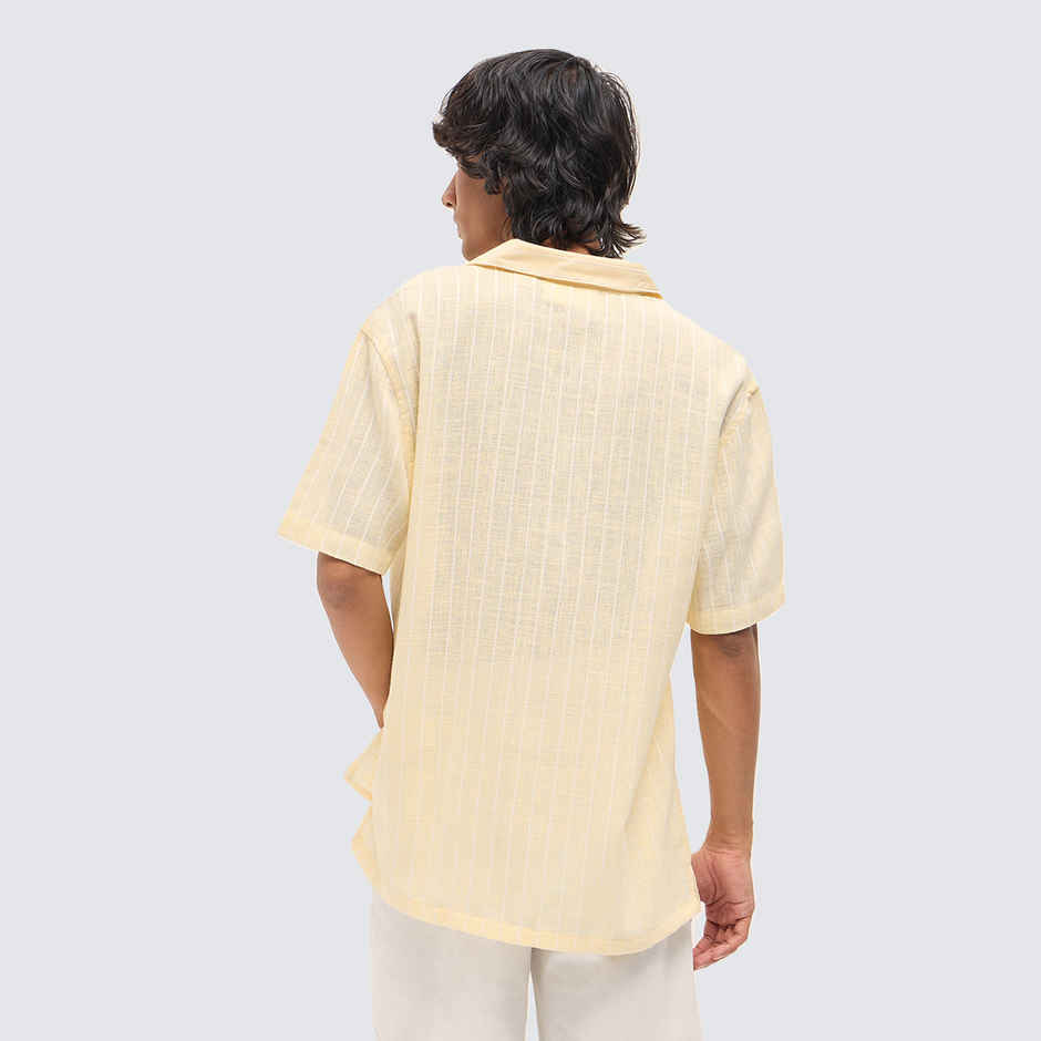 The Bear House Men's Vertical Textured Stripe Relaxed Fit Half Sleeve Casual Shirt |Light Yellow-S