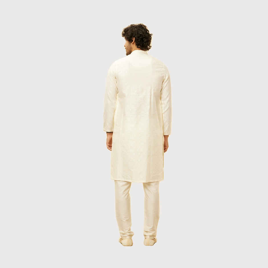 Manyavar Cream Blended Viscose Self Design Kurta Set | XXL