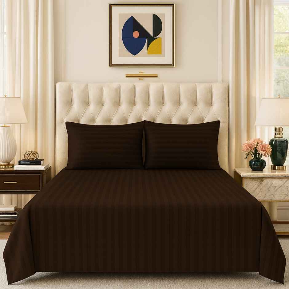 Elegant Weavers Striped Double Bedsheet | With 2 Pillow Covers | Brown | 94 x 87 in