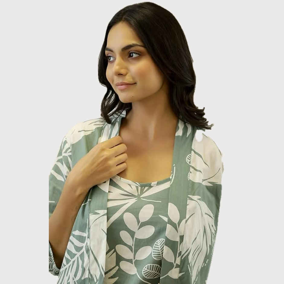 Sanskrutihomes Women's Printed Cotton Night Suit | Green - XL