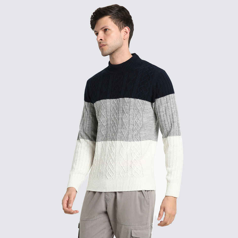 Dennis Lingo Men's Colorblock Round Neck Pullover Sweater | Navy Blue | XXL