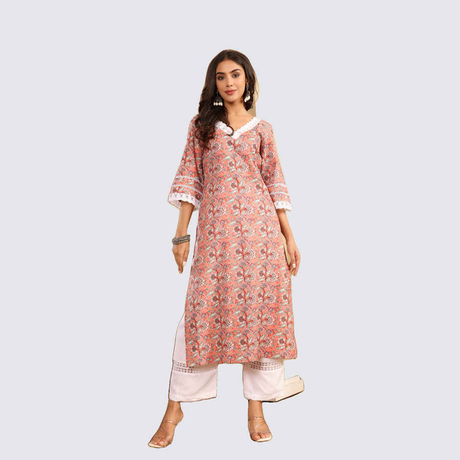 Varanga Women's Ethnic Floral Printed Flared Sleeve Kurta | Peach - M