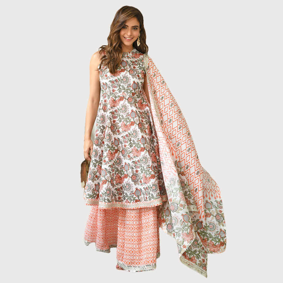 Janasya Women's White Pure Cotton Floral Printed Block Print Kurta with Sharara and Dupatta | S