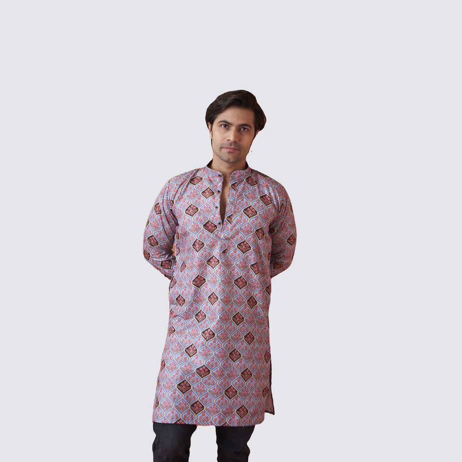 House Of Festivals Men's Printed Cotton Blend Long Kurta | Light Blue - S