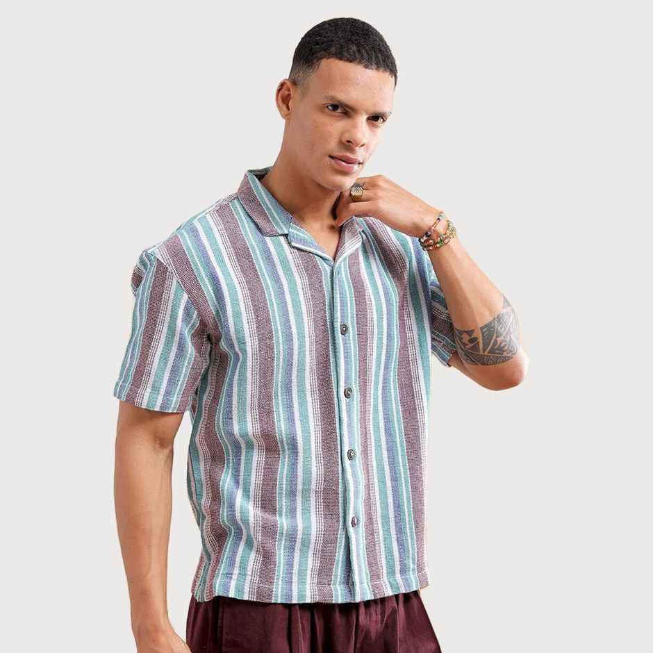 The Indian Garage Co Men's Relaxed Fit Striped Resort Half Sleeve Shirt | Maroon - M