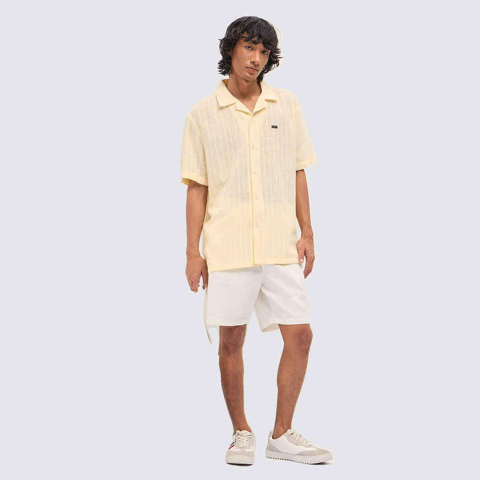 The Bear House Men's Vertical Textured Stripe Relaxed Fit Half Sleeve Casual Shirt |Light Yellow-S