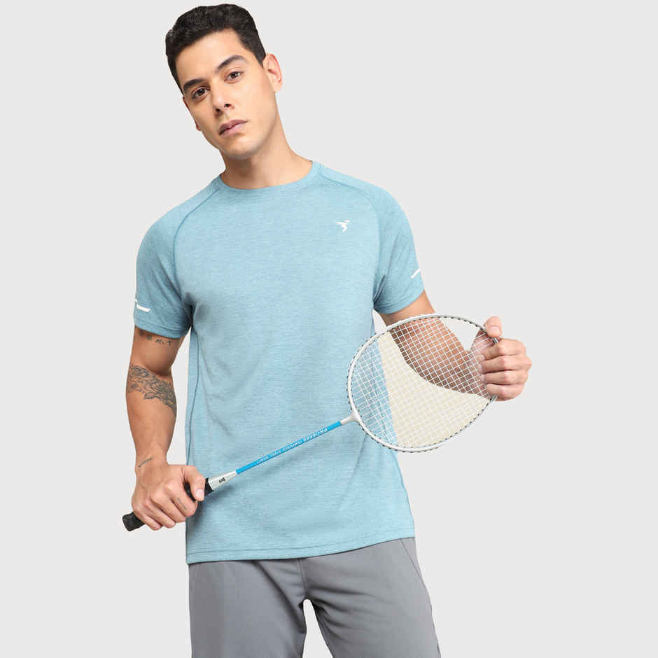 Technosport Men's Poly Melange Slim Fit Round Neck Sports T-shirt | Capri Blue - 2XL