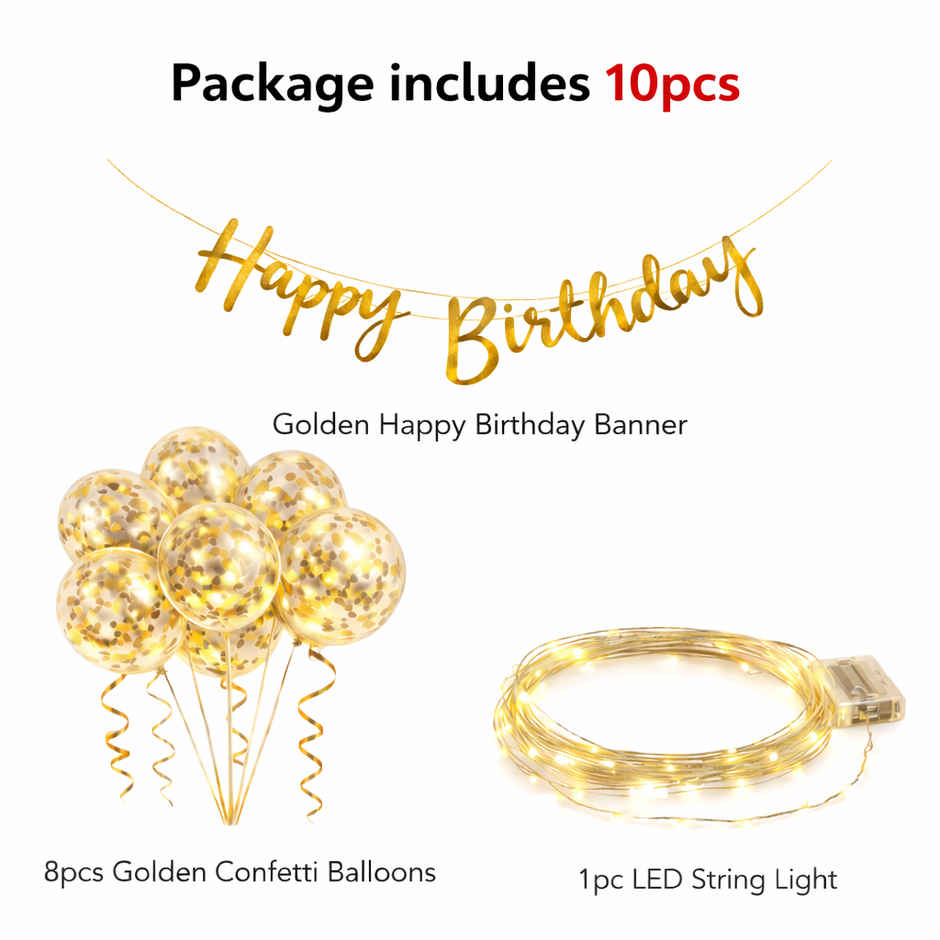 Birthday Decoration Kit Birthday Golden Birthday Banner, Confetti Balloons, Led Lights | BeyondLuv