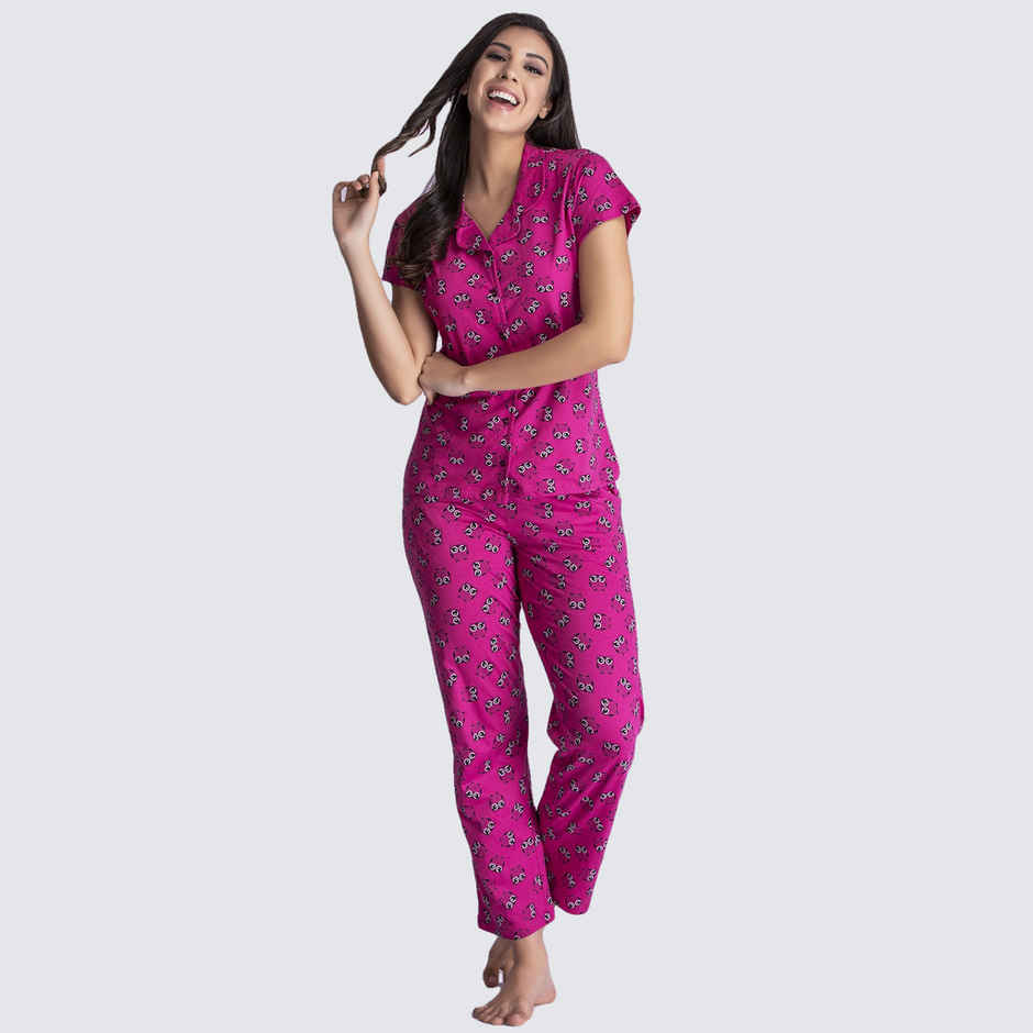 Clovia Owl Print Button Down Shirt & Pyjama Set - Cotton Rich(Magenta - Xxl)