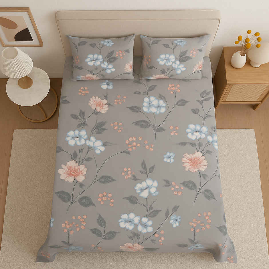 Elegant Weavers Sofia Double Cotton Floral Bedsheet | With 2 Pillow Covers | Grey | 85 x 91 in