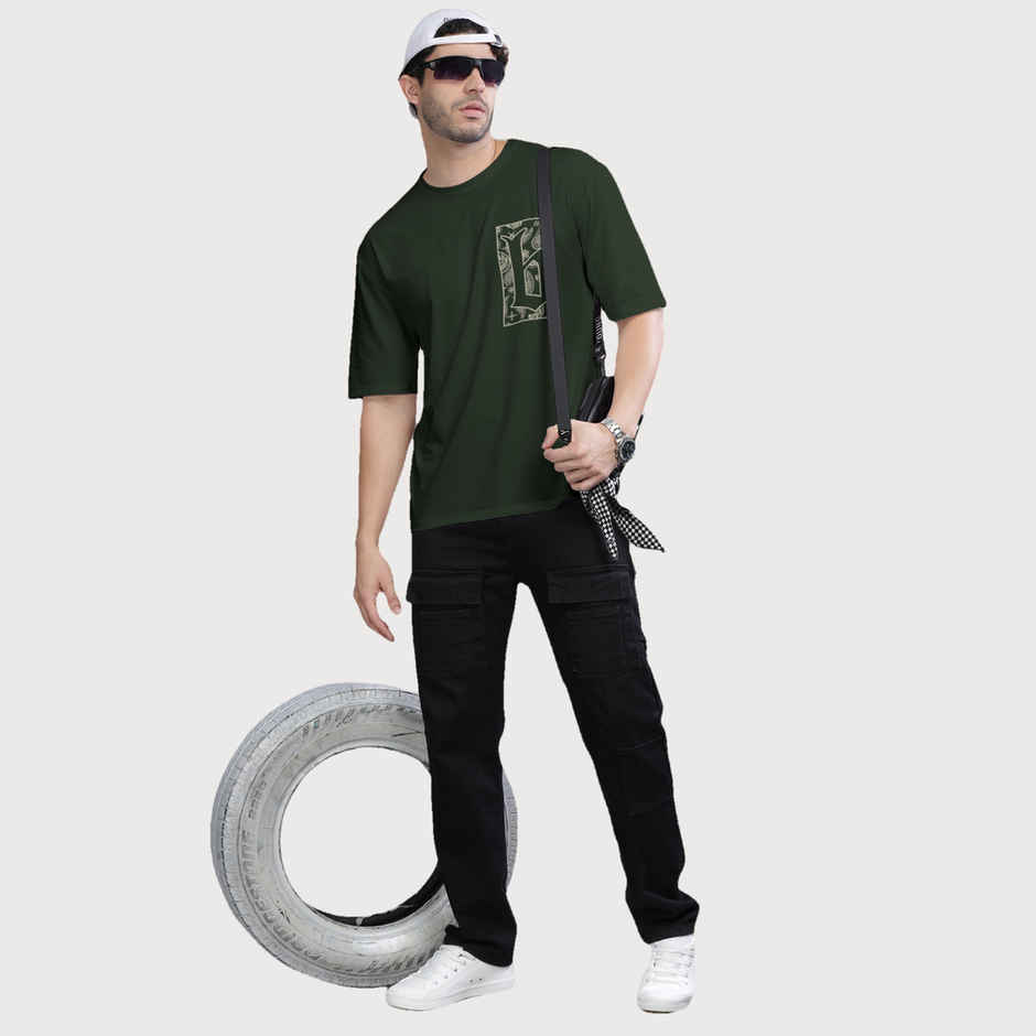 Bullmer Men's Oversized T-shirt Front and Back Printed, Colourblock Baggy | Olive | L
