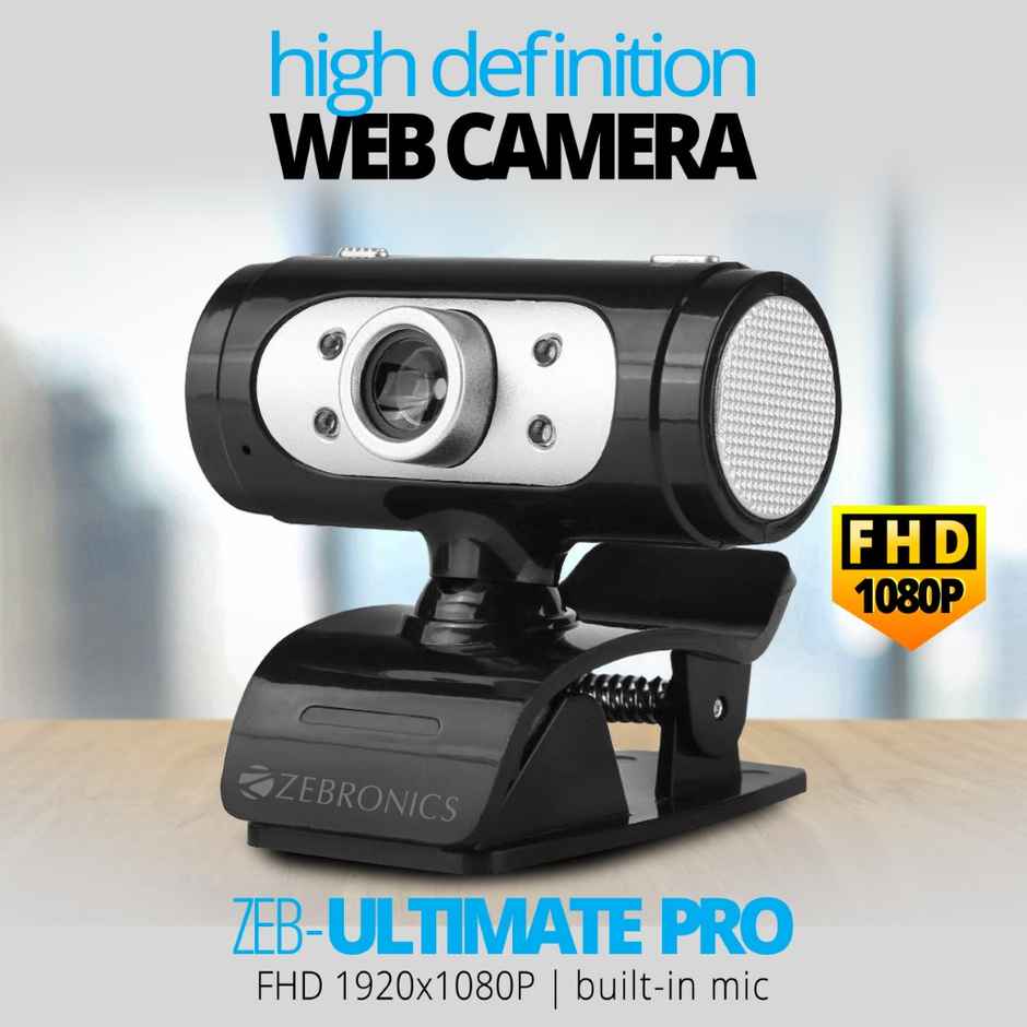 Zebronics Zeb-Ultimate Pro (Full HD) 1080p/30fps Webcam with 5P Lens, Built-in Mic, Auto White Balance, Night Vision, Manual Switch for LED - Black