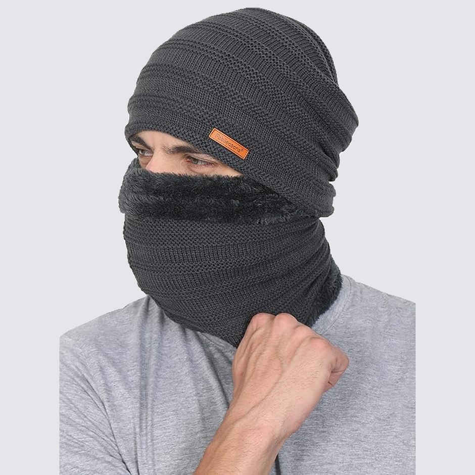 Fabseasons Unisex Acrylic Wool Beanie and Muffler | Dark Grey - Free Size