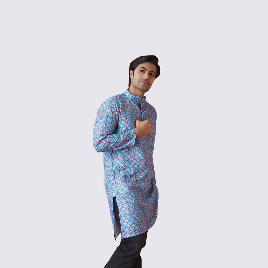 House Of Festivals Men's Printed Cotton Blend Long Kurta | Blue -S