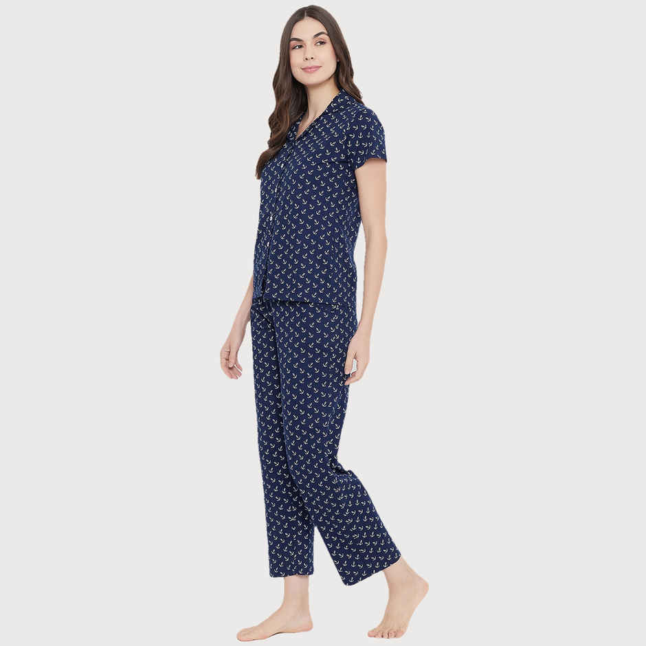 Clovia Button Down Anchor Print Shirt & Pyjama Set - Cotton | Blue | L