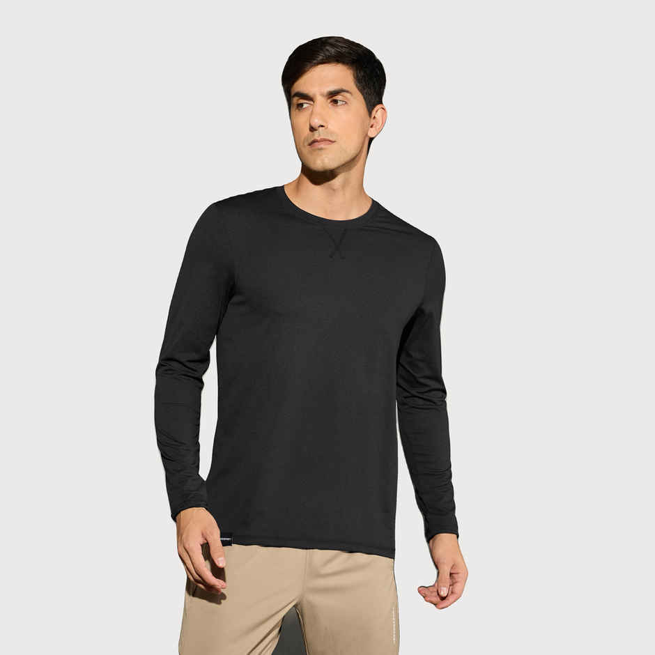 Technosport Men's Poly Solid Slim Fit Round Neck Full Sleeve Sports T-shirt | Black - L