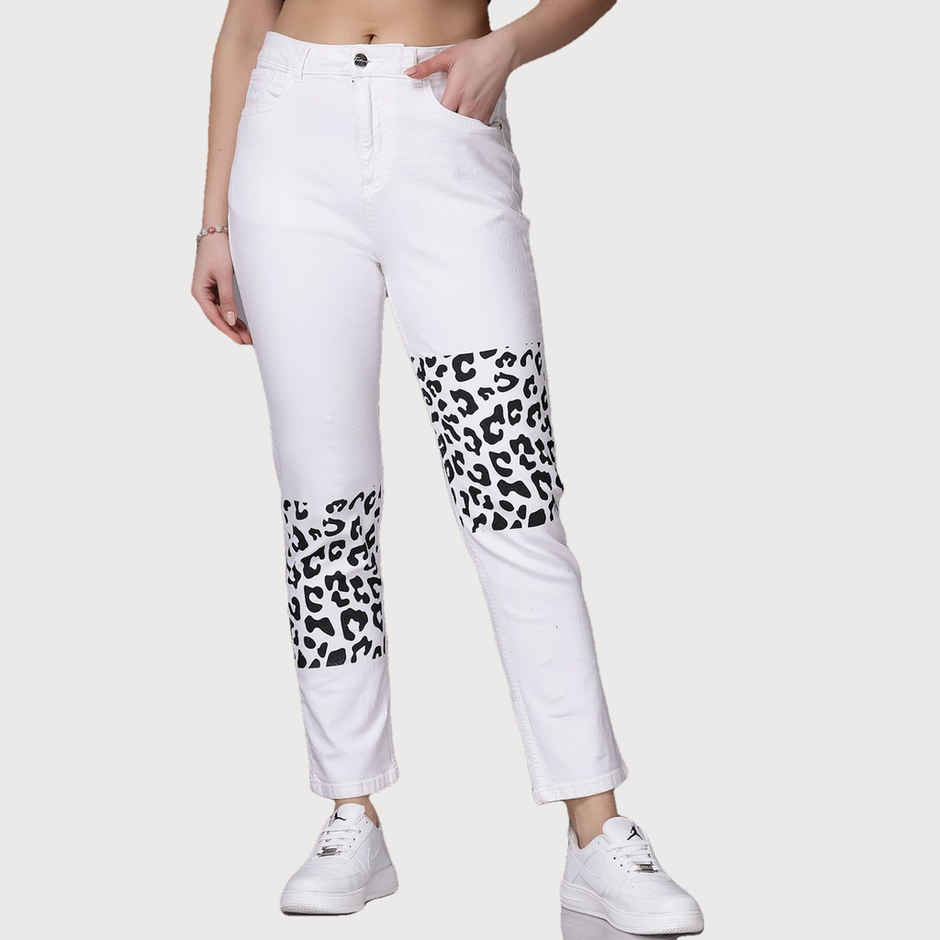 Freehand Women's Printed Straight Fit Denim Jeans | White - 30