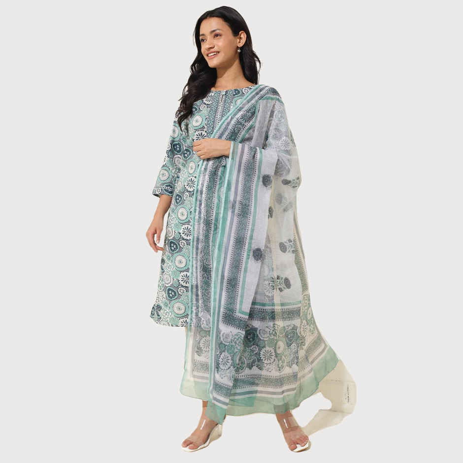 Fabindia Women's Dupatta & Kurta Set Cotton Printed | Blue - XL