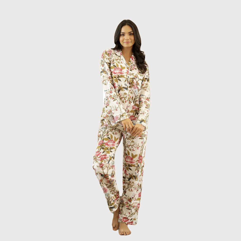 Sanskrutihomes Women's Printed Cotton Night Suit | White - S