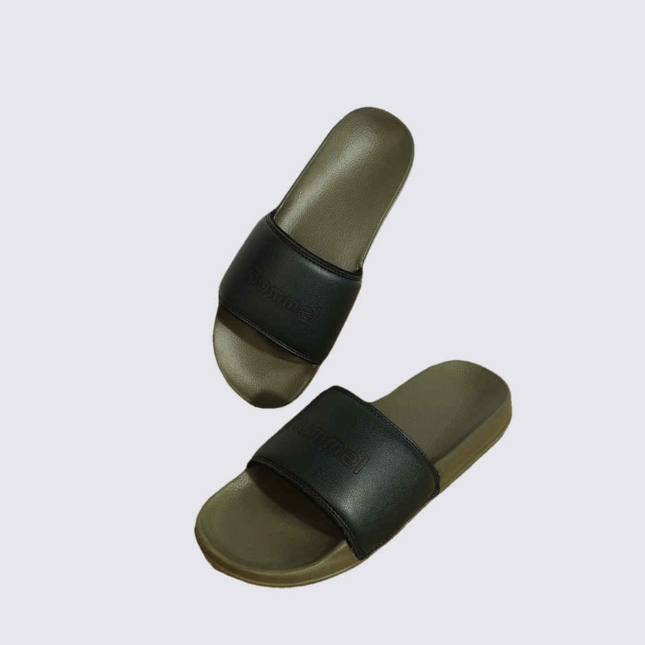 hummel Classic lightweight slides for Men with Cushioned Sole and Arch Support | Green & Black | 8