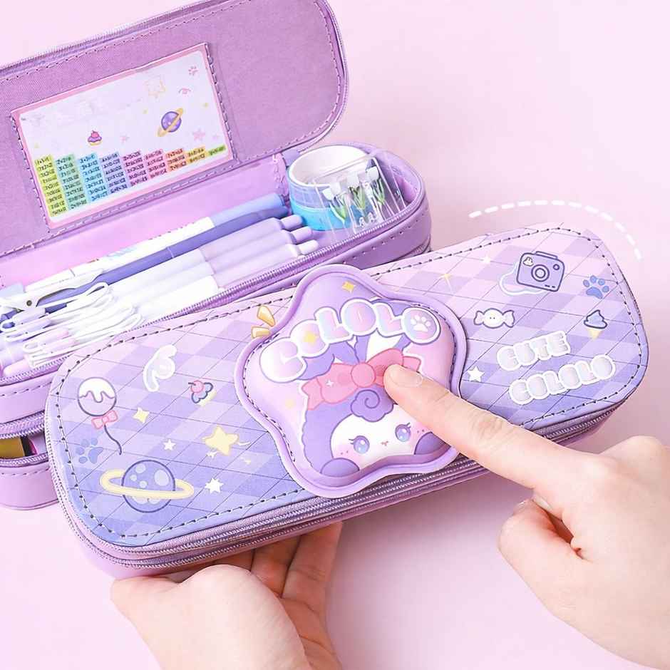 Fablue Adorable Cartoon Pencil Box with Zipper | Large Capacity Organizer | Lavender