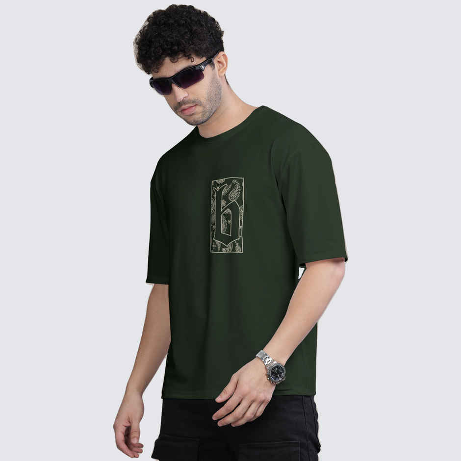 Bullmer Men's Oversized T-shirt Front and Back Printed, Colourblock Baggy | Olive | L