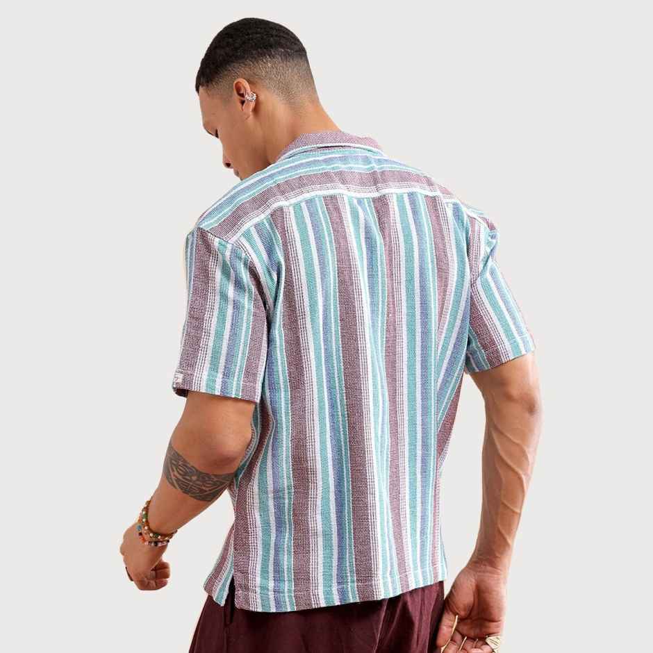 The Indian Garage Co Men's Relaxed Fit Striped Resort Half Sleeve Shirt | Maroon - M