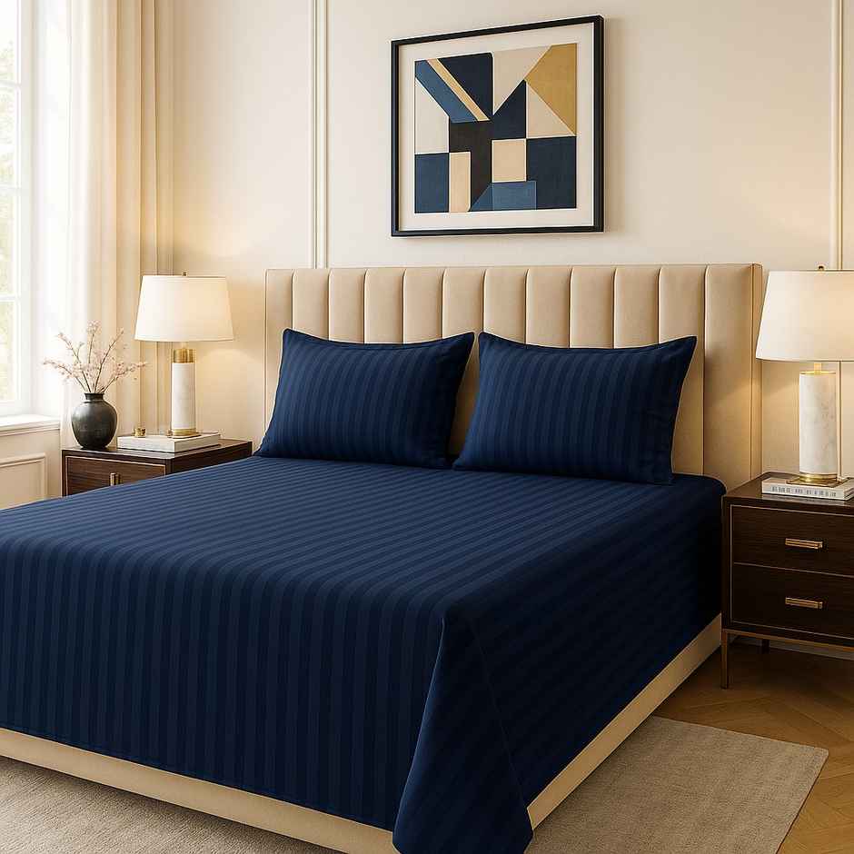 Elegant Weavers Double Ployester Striped Bedsheet | 2 Pillow Covers | Blue