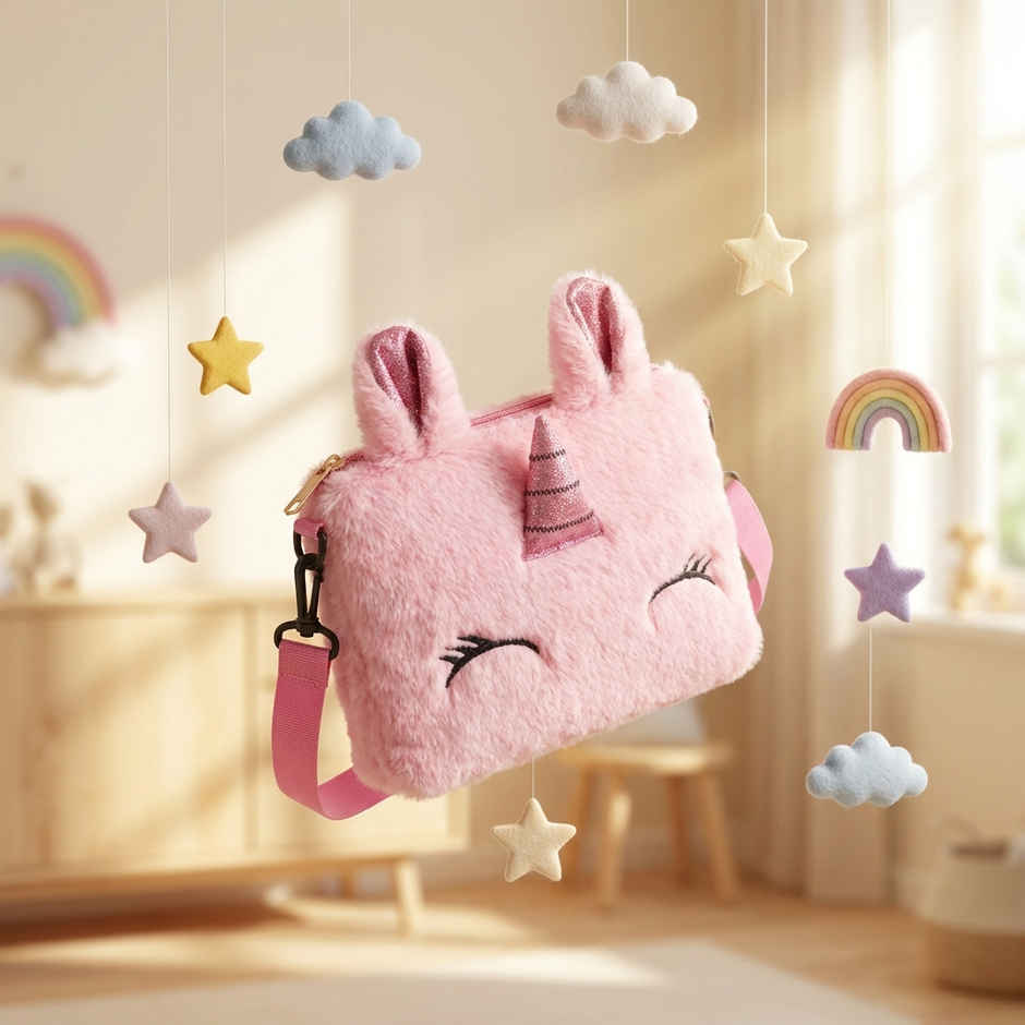 Kidara Unicorn Fur Kids Sling Bag | Rectangle | Pink
