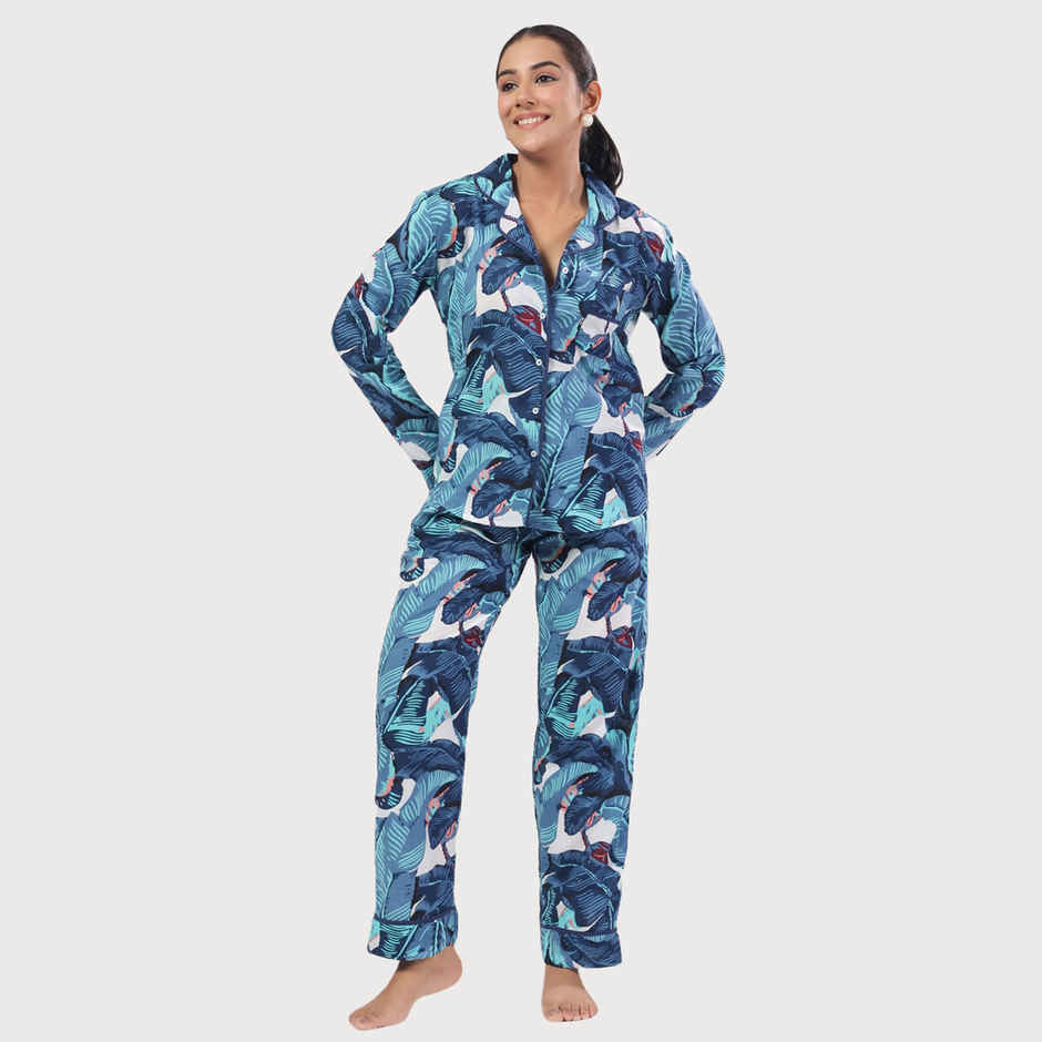 Sanskrutihomes Women Tropical Printed Pure Cotton Blue Night Suit SE-NSP-565 | L