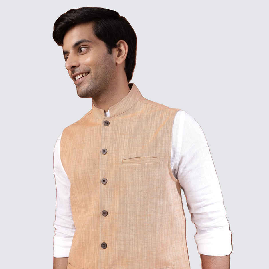 Fabindia Men's Nehru Jacket Cotton Hand Block Printed | Beige - M