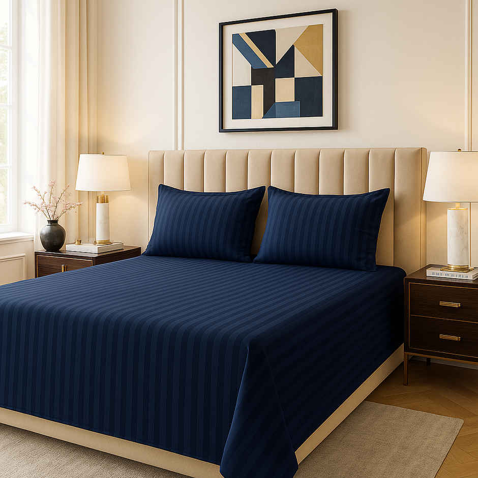 Elegant Weavers Double Ployester Striped Bedsheet | With 2 Pillow Covers | Blue | 87 x 94 in